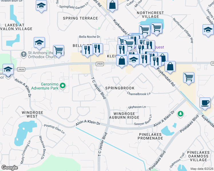 map of restaurants, bars, coffee shops, grocery stores, and more near 21206 Springbrook Hollow Court in Spring