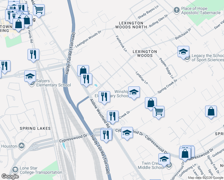 map of restaurants, bars, coffee shops, grocery stores, and more near 25223 Foxbriar Lane in Spring
