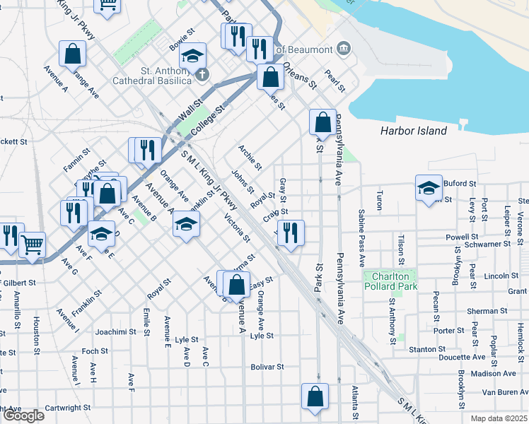 map of restaurants, bars, coffee shops, grocery stores, and more near 1494 South Martin Luther King Junior Parkway in Beaumont