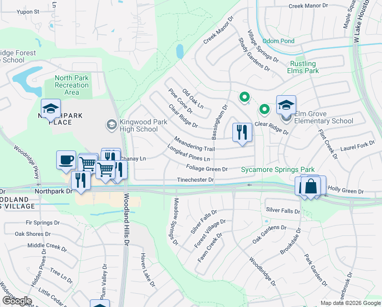 map of restaurants, bars, coffee shops, grocery stores, and more near 2535 Foliage Green Drive in Humble