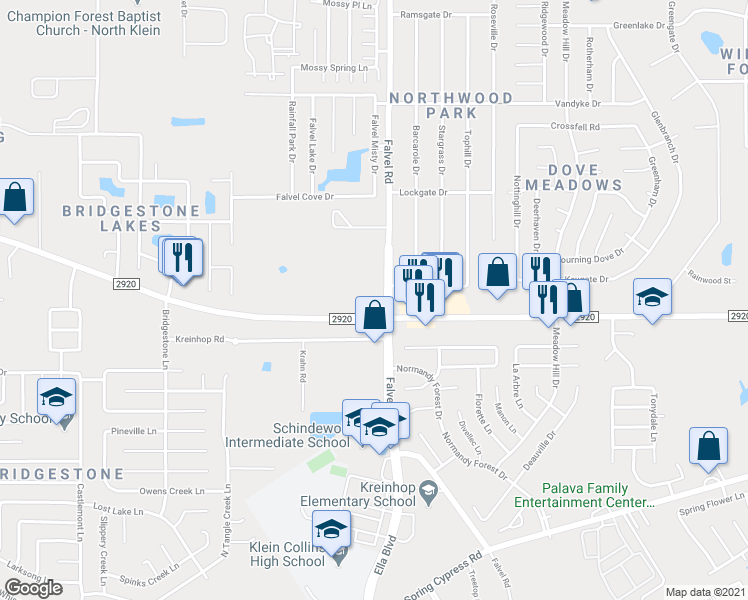 map of restaurants, bars, coffee shops, grocery stores, and more near 3850 Farm to Market 2920 in Spring