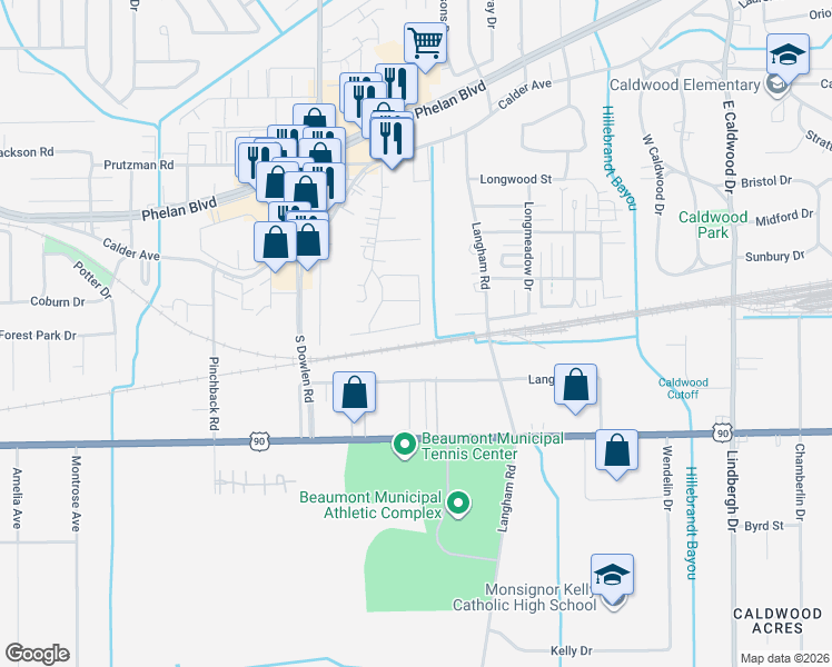 map of restaurants, bars, coffee shops, grocery stores, and more near 6430 Westwood Boulevard in Beaumont