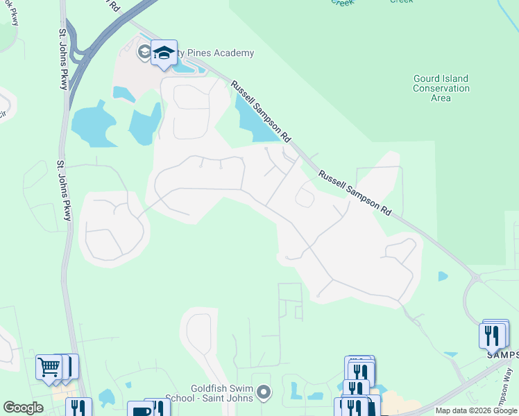 map of restaurants, bars, coffee shops, grocery stores, and more near 275 St Johns Forest Blvd in St. Johns