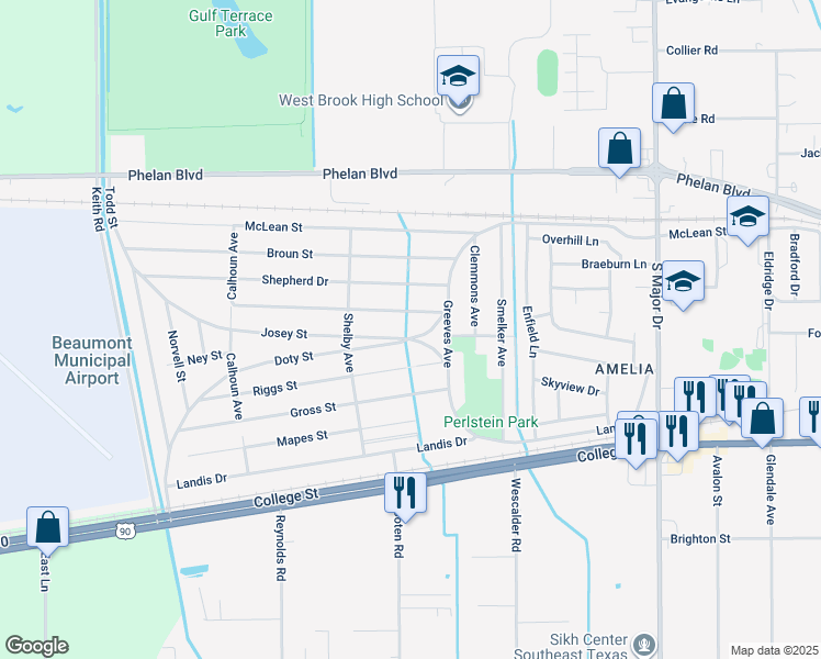 map of restaurants, bars, coffee shops, grocery stores, and more near 9130 Josey Street in Beaumont