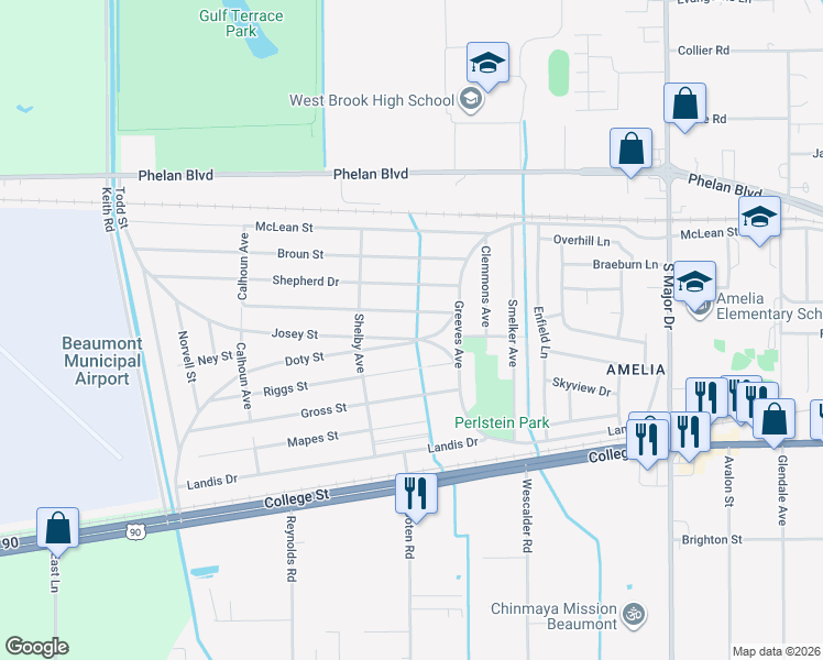 map of restaurants, bars, coffee shops, grocery stores, and more near 9170 Gardner Street in Beaumont