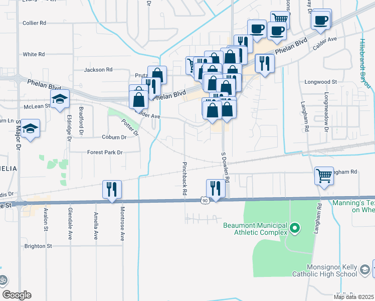 map of restaurants, bars, coffee shops, grocery stores, and more near 401 Pinchback Road in Beaumont
