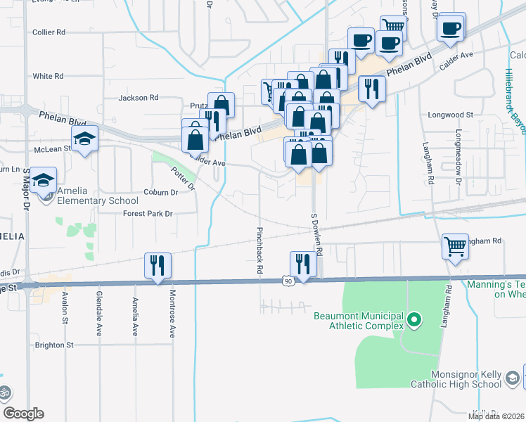 map of restaurants, bars, coffee shops, grocery stores, and more near 410 Pinchback Road in Beaumont