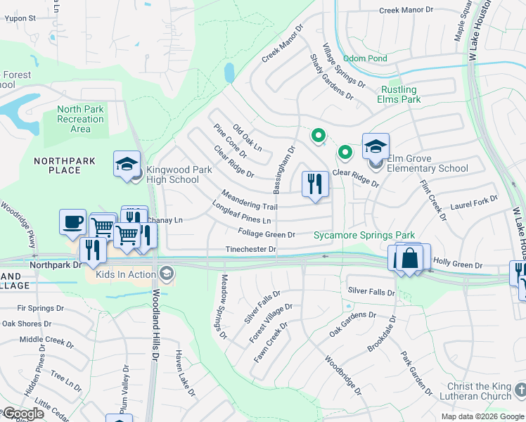map of restaurants, bars, coffee shops, grocery stores, and more near 2614 Sherwood Hollow Lane in Houston