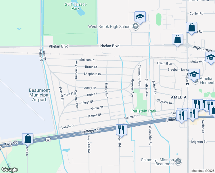 map of restaurants, bars, coffee shops, grocery stores, and more near 9250 Gardner Street in Beaumont