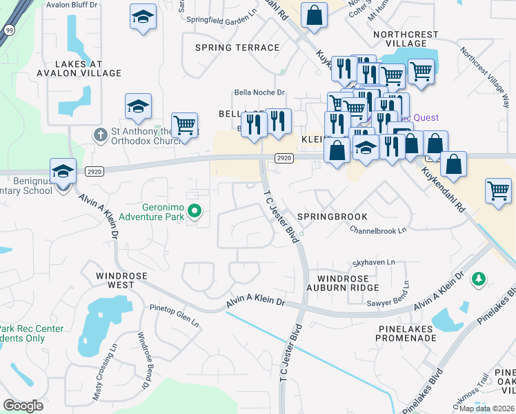 map of restaurants, bars, coffee shops, grocery stores, and more near 6507 Winter Mountain Lane in Spring