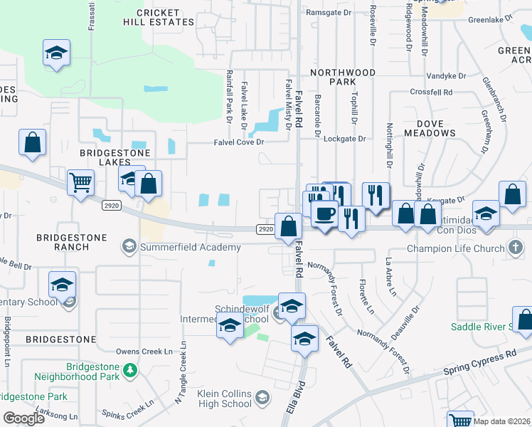 map of restaurants, bars, coffee shops, grocery stores, and more near 3880 Farm to Market 2920 in Spring