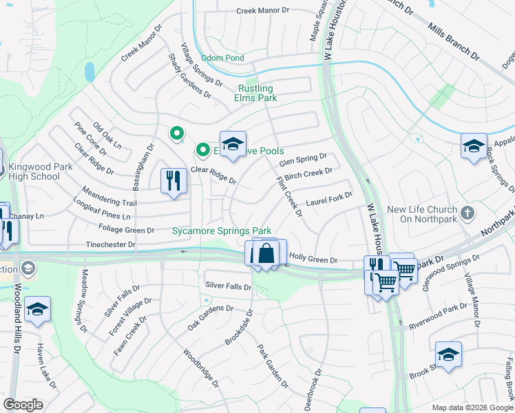 map of restaurants, bars, coffee shops, grocery stores, and more near 2930 Birch Creek Drive in Humble