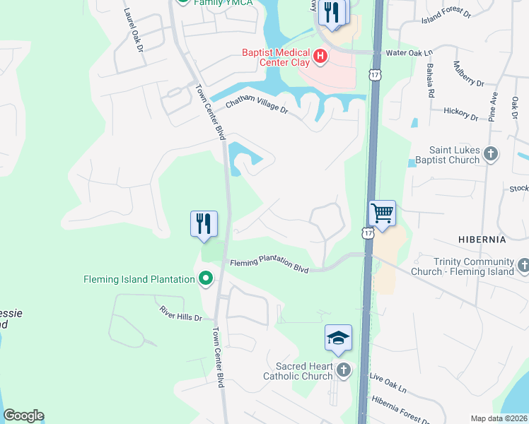map of restaurants, bars, coffee shops, grocery stores, and more near 2526 Willow Creek Drive in Fleming Island