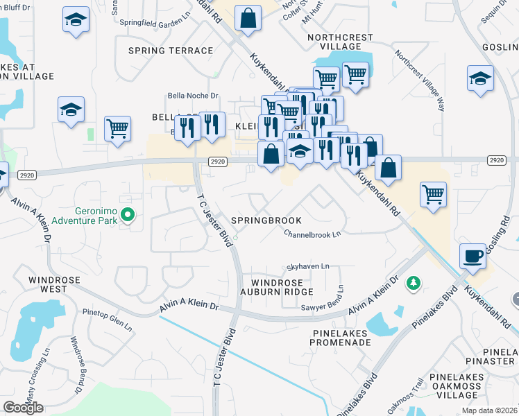 map of restaurants, bars, coffee shops, grocery stores, and more near 6330 Bright Bloom Lane in Spring