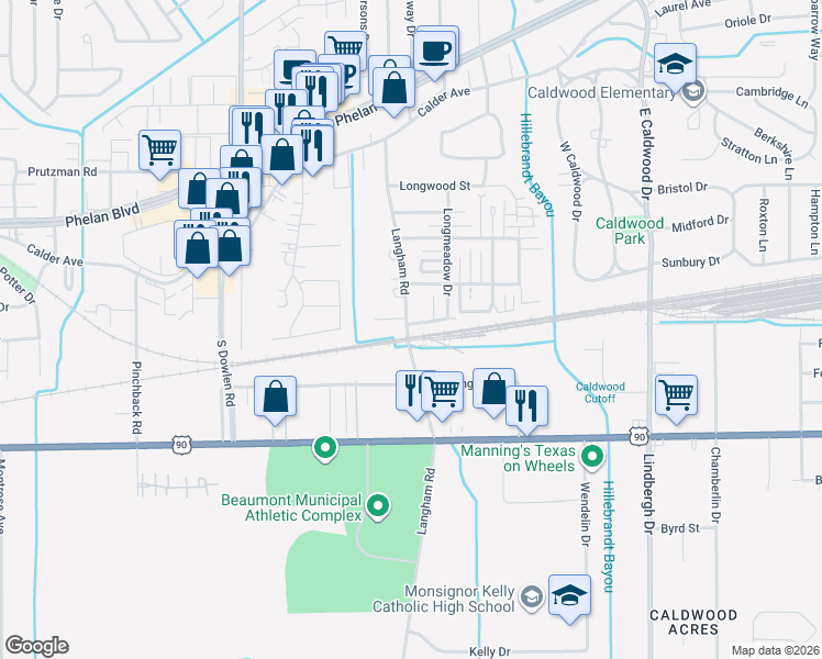 map of restaurants, bars, coffee shops, grocery stores, and more near 530 Langham Road in Beaumont