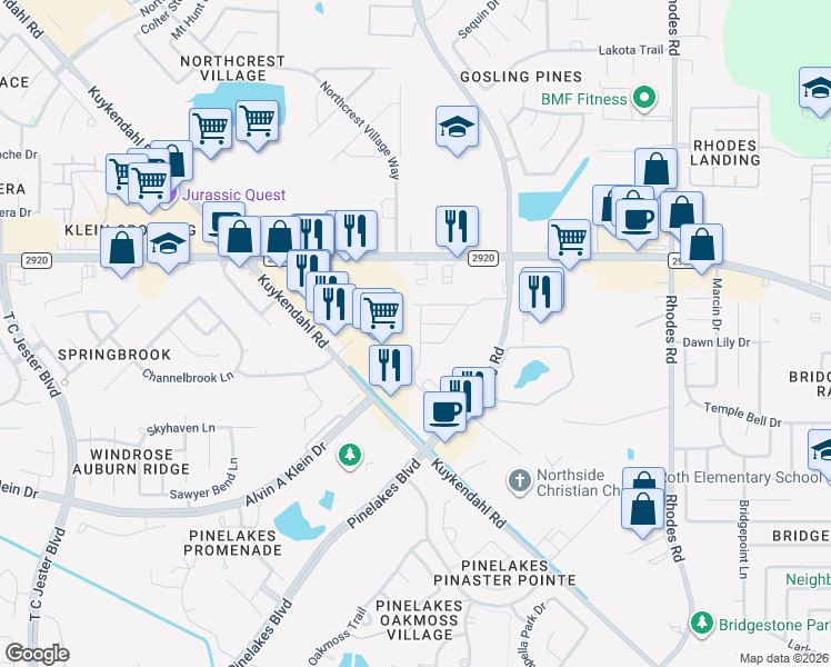 map of restaurants, bars, coffee shops, grocery stores, and more near 21155 Gosling Road in Spring