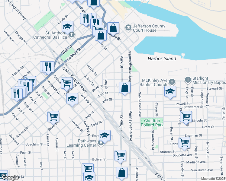 map of restaurants, bars, coffee shops, grocery stores, and more near 608 Royal Street in Beaumont