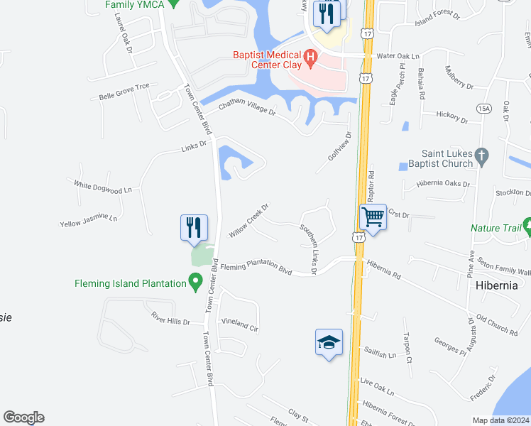 map of restaurants, bars, coffee shops, grocery stores, and more near 2525 Willow Creek Drive in Fleming Island