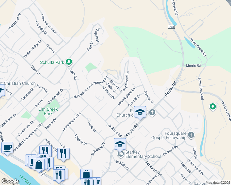 map of restaurants, bars, coffee shops, grocery stores, and more near 1312 Cedar Drive in Kerrville