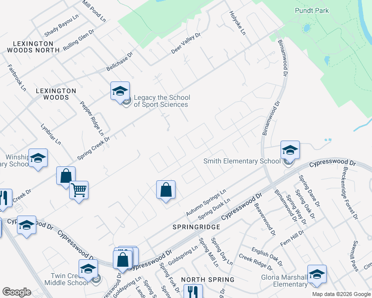 map of restaurants, bars, coffee shops, grocery stores, and more near 24722 Fawn Ridge Forest Drive in Spring