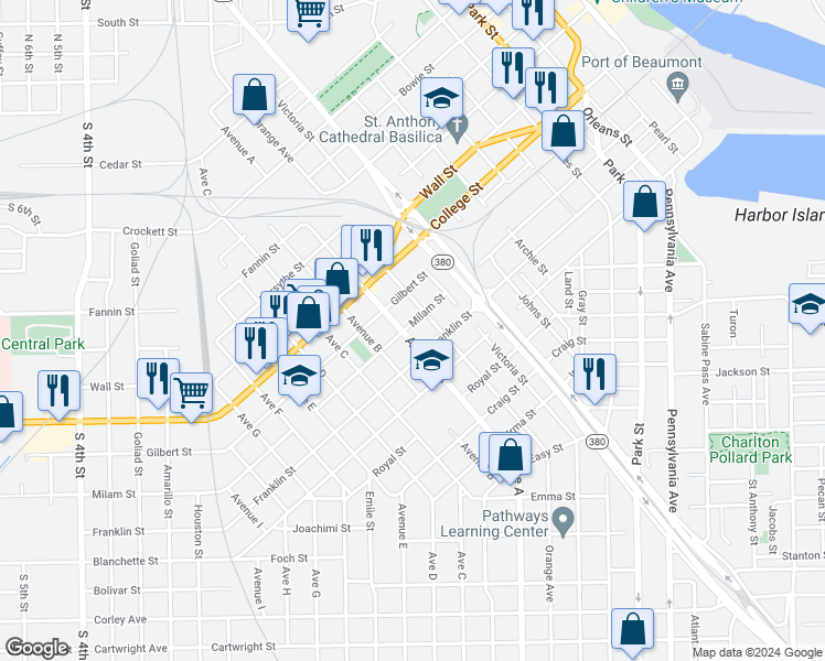 map of restaurants, bars, coffee shops, grocery stores, and more near 1112 Orange Avenue in Beaumont