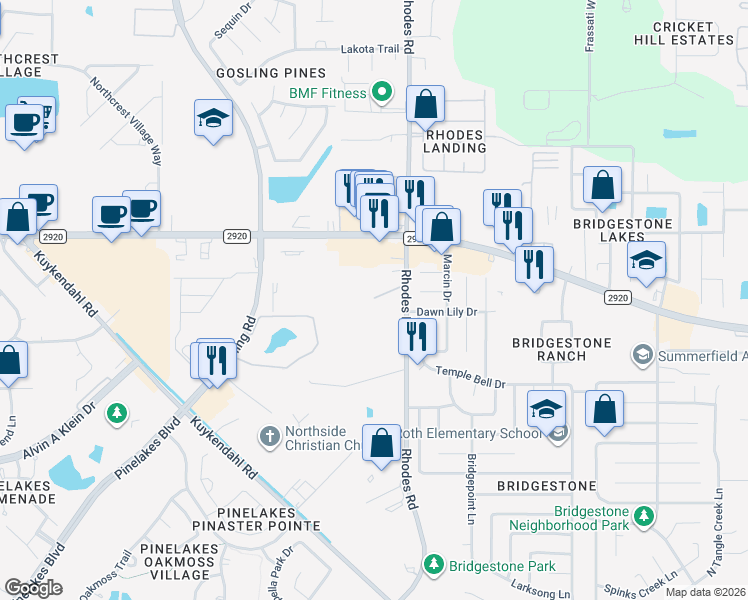 map of restaurants, bars, coffee shops, grocery stores, and more near 5047 Farm to Market 2920 in Spring