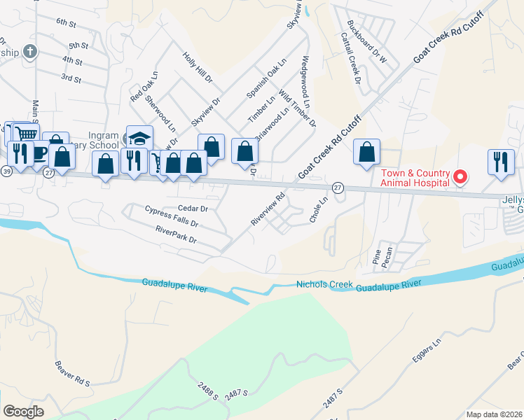 map of restaurants, bars, coffee shops, grocery stores, and more near 230 Riverview Road in Kerrville