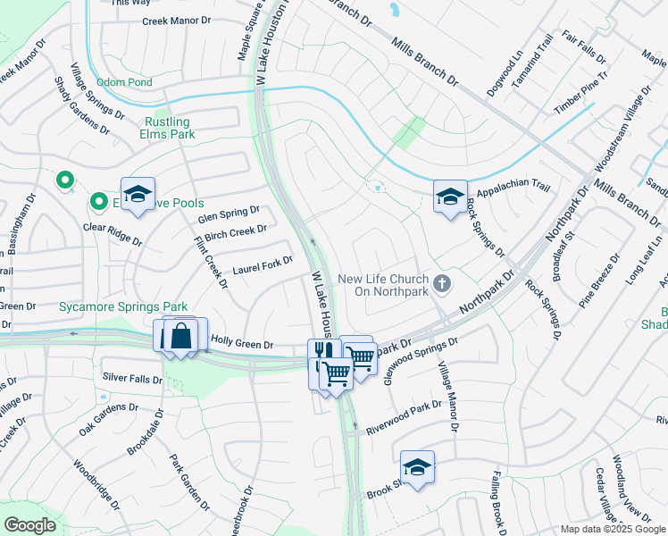 map of restaurants, bars, coffee shops, grocery stores, and more near 4523 Echo Falls Drive in Houston