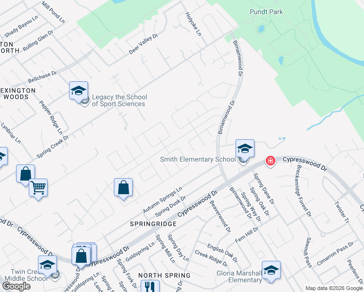 map of restaurants, bars, coffee shops, grocery stores, and more near 24542 Stratton Creek Drive in Spring