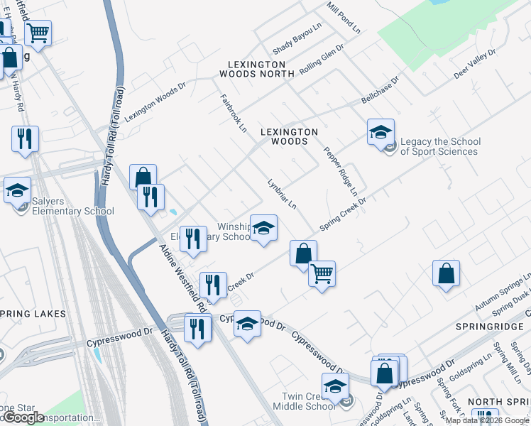 map of restaurants, bars, coffee shops, grocery stores, and more near 25226 Tuckahoe Lane in Spring
