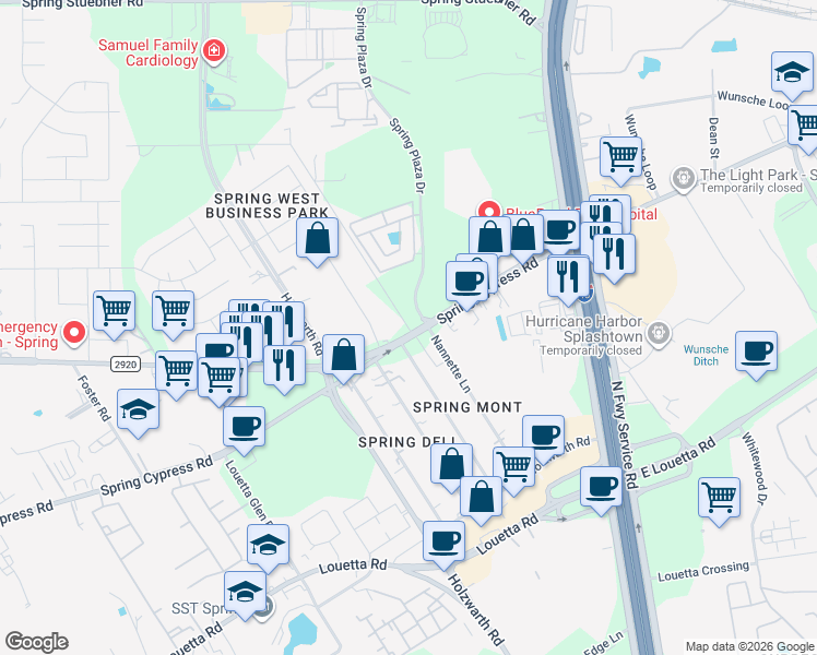 map of restaurants, bars, coffee shops, grocery stores, and more near 1822 Wuensche Road in Spring
