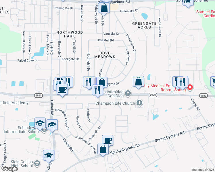 map of restaurants, bars, coffee shops, grocery stores, and more near 3314 Keygate Drive in Spring