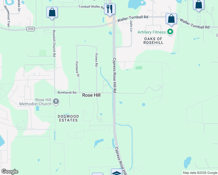 map of restaurants, bars, coffee shops, grocery stores, and more near 21302 Fones Road in Tomball