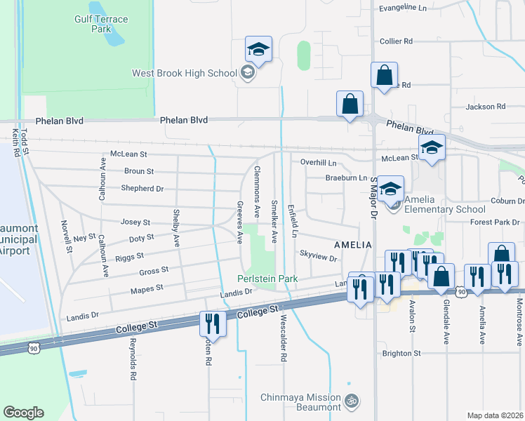 map of restaurants, bars, coffee shops, grocery stores, and more near 360 Clemmons Avenue in Beaumont