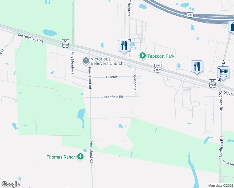 map of restaurants, bars, coffee shops, grocery stores, and more near 1486 Greenfield Road in Prairie View