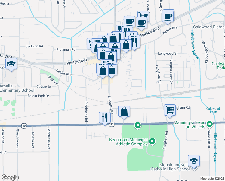 map of restaurants, bars, coffee shops, grocery stores, and more near 410 Marceline Boulevard in Beaumont