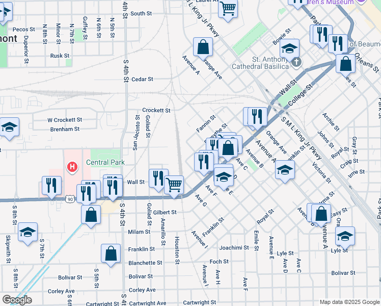 map of restaurants, bars, coffee shops, grocery stores, and more near 680 Avenue East in Beaumont