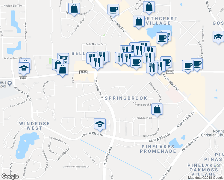 map of restaurants, bars, coffee shops, grocery stores, and more near 6427 Gardenspring Brook Lane in Spring