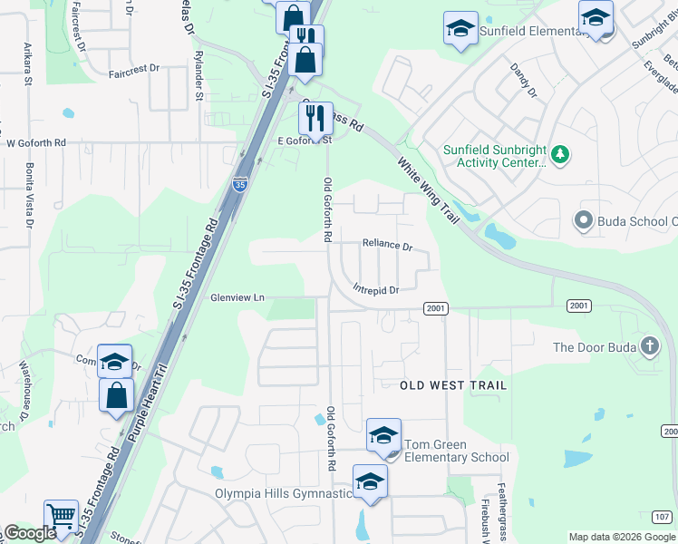 map of restaurants, bars, coffee shops, grocery stores, and more near 2080 Intrepid Drive in Buda