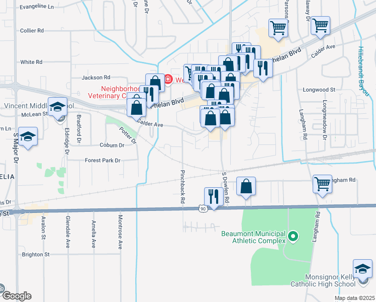 map of restaurants, bars, coffee shops, grocery stores, and more near 365 Pinchback Road in Beaumont