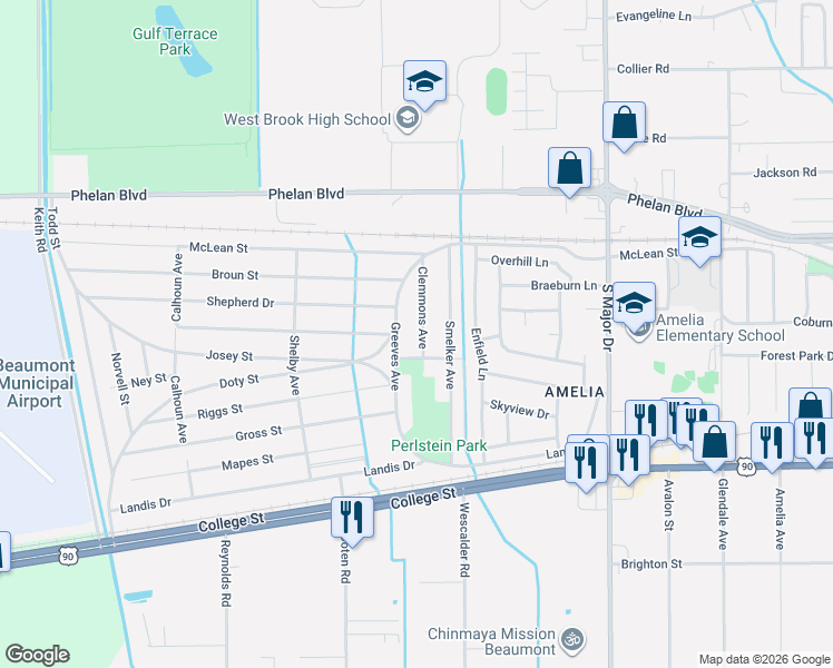 map of restaurants, bars, coffee shops, grocery stores, and more near 360 Clemmons Avenue in Beaumont