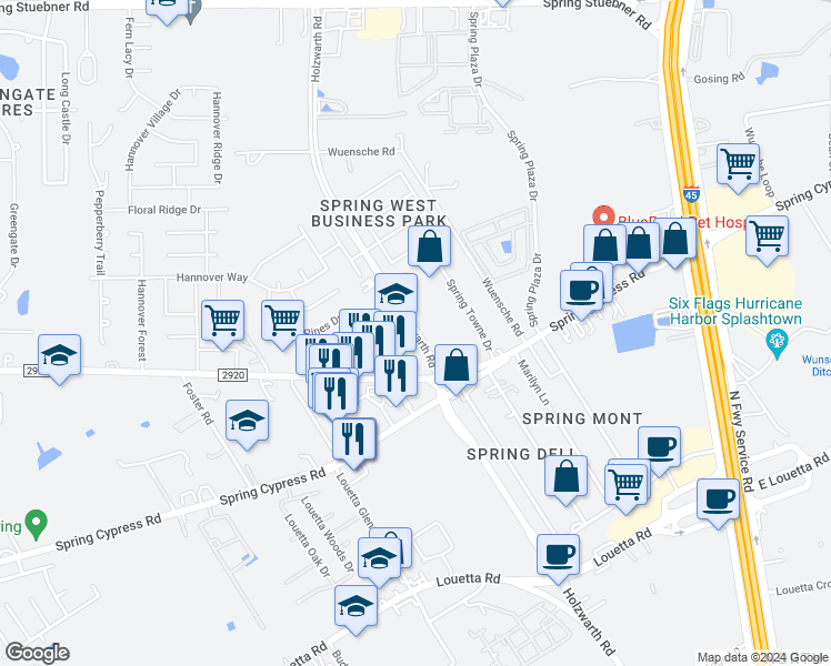 map of restaurants, bars, coffee shops, grocery stores, and more near Spring West Drive in Harris County