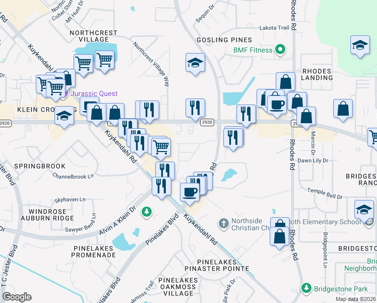 map of restaurants, bars, coffee shops, grocery stores, and more near 5425 Fm 2920 Road in Spring