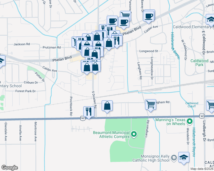 map of restaurants, bars, coffee shops, grocery stores, and more near 350 Junker Road in Beaumont