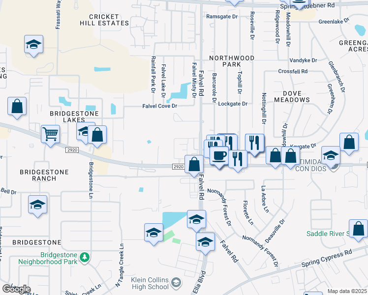 map of restaurants, bars, coffee shops, grocery stores, and more near 3850 Farm to Market 2920 in Spring