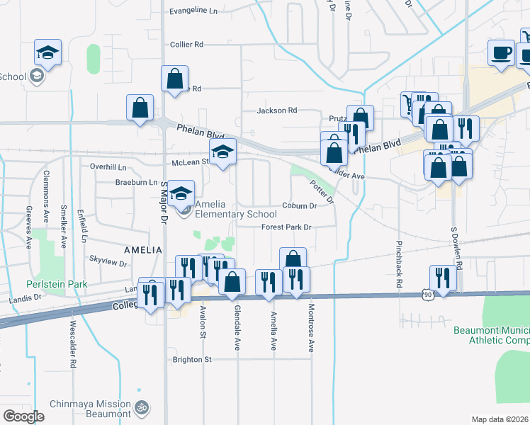 map of restaurants, bars, coffee shops, grocery stores, and more near 7745 Coburn Dr in Beaumont