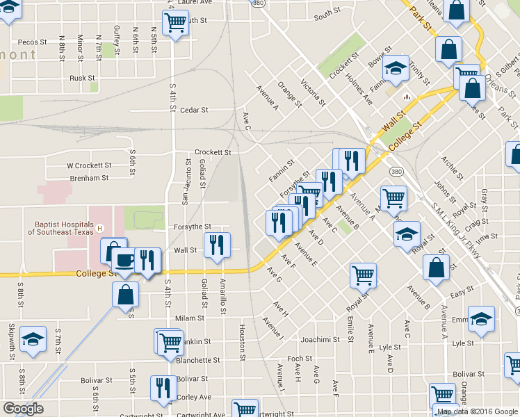 map of restaurants, bars, coffee shops, grocery stores, and more near 680 Avenue East in Beaumont