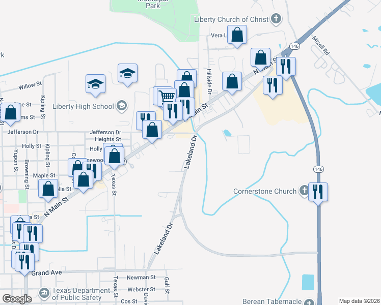 map of restaurants, bars, coffee shops, grocery stores, and more near Lakeland Drive in Liberty