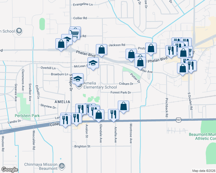 map of restaurants, bars, coffee shops, grocery stores, and more near 7745 Coburn Drive in Beaumont