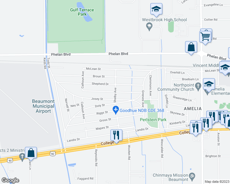 map of restaurants, bars, coffee shops, grocery stores, and more near 401 Shelby Avenue in Beaumont